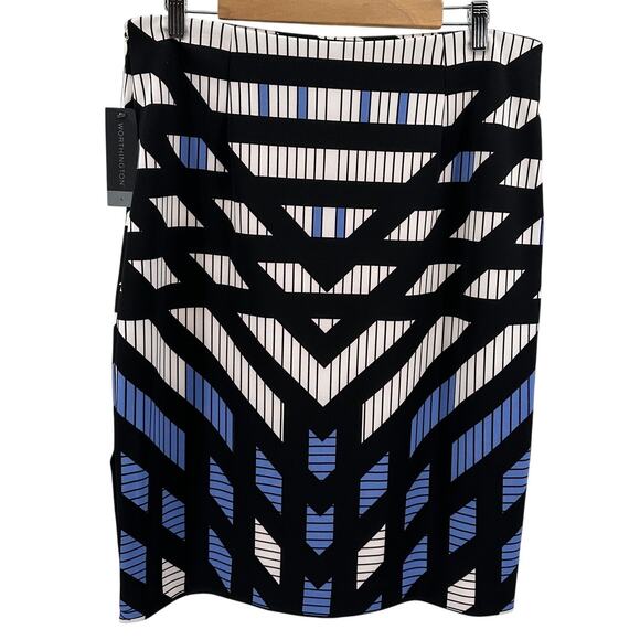 Worthington Pencil Skirt WMNS L Blue Geo Print Stretch Knee Length Vented Office - Picture 1 of 6